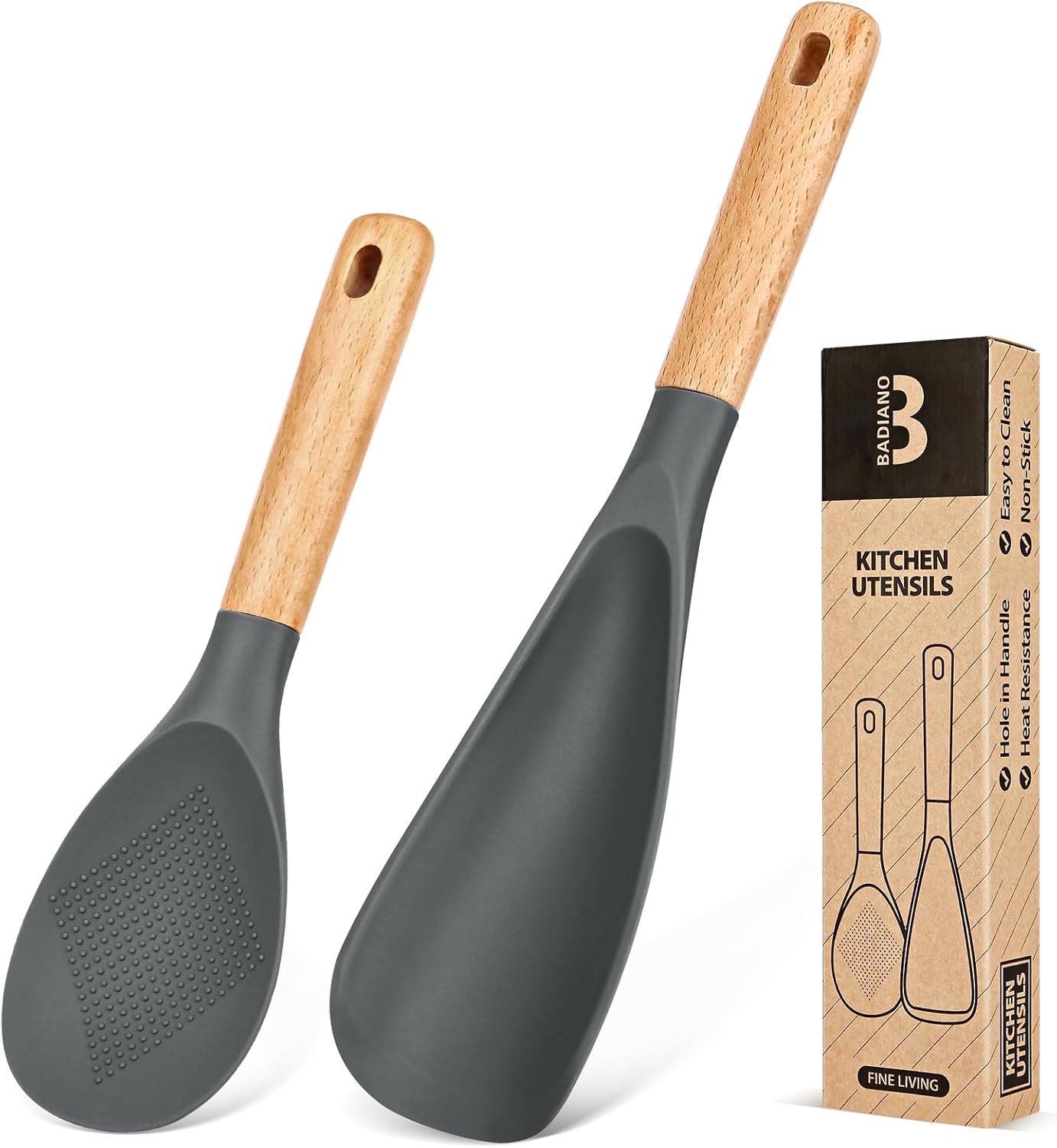 Cooking Spoon and Rice Scooper for Nonstick Cookwares, Great for Cooking and Serving Sturdy BPA-Free Matte Silicone, Wood Handle Spoon for Mixing, Scoop, and Scrape (Black)
