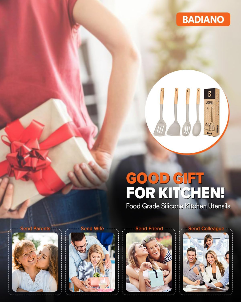 Silicone Cooking Utensils Set, Perfectly Angled for Frying, Mixing,Serving,Draining,Turning and Stirring, BPA-Free Matte Silicone, Wood Handles, Safe for Nonstick Cooking Surfaces,4 Pack (Khaki)