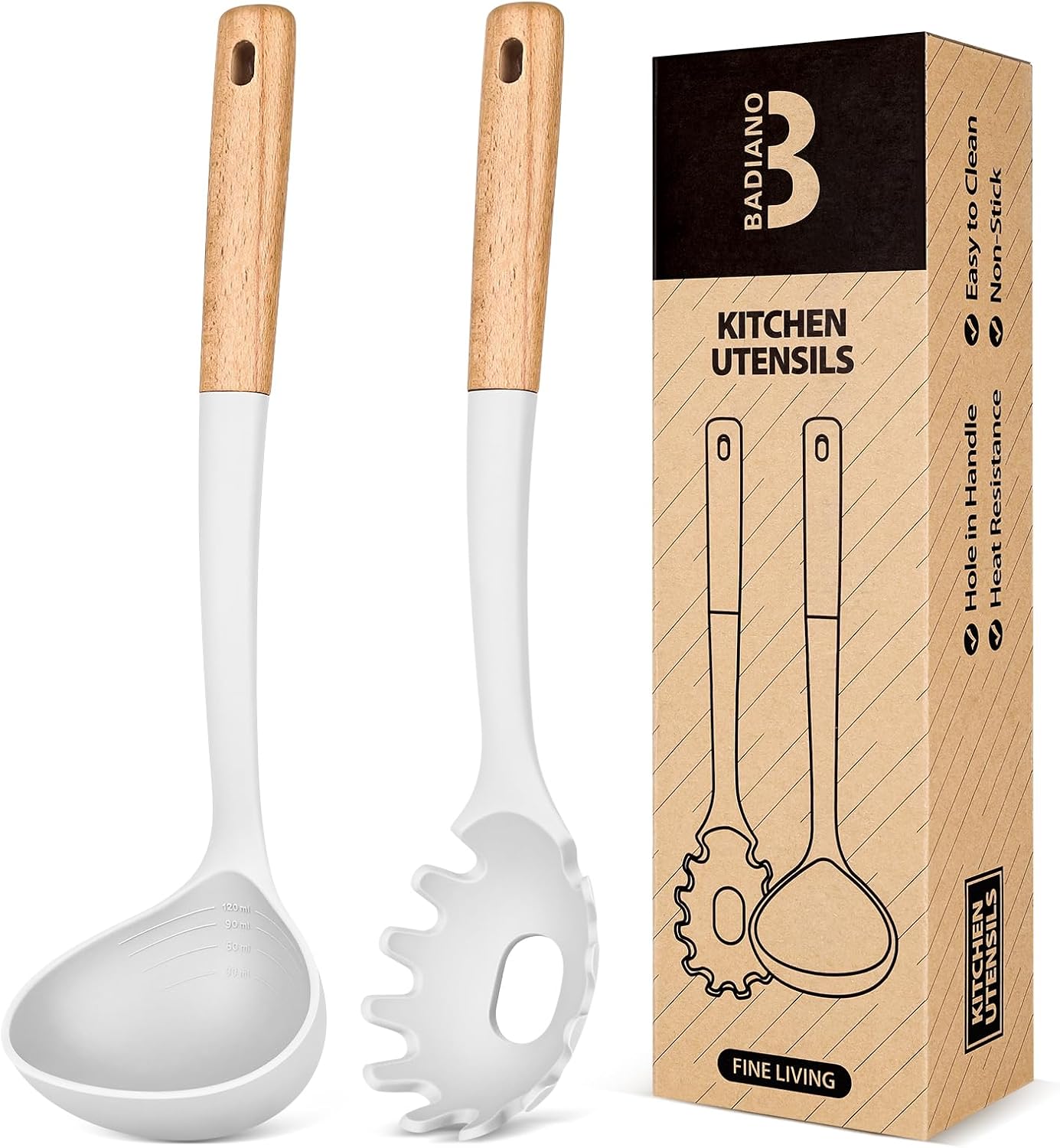 Pasta Fork and Ladle Set, Perfect for Serving Hot Soup, Stirring, and Sauce Pasta, BPA-Free Matte Silicone, Wood Handle Spaghetti Spoon for Nonstick Cooking Surfaces (Black)