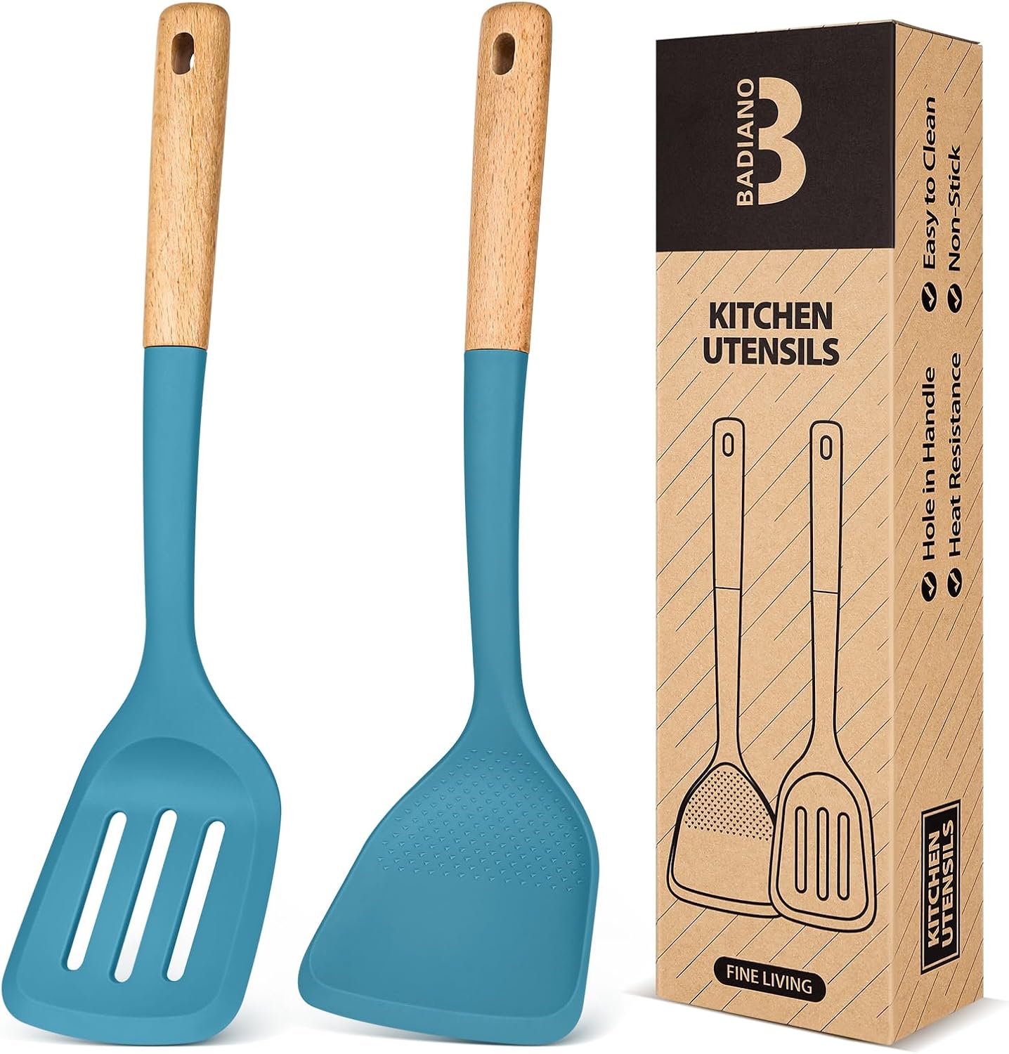 Silicone Wok Spatula Turner Set, Perfect for Scooping, Flipping, Lifting Pancakes and Picking up Veggies, BPA-Free Matte Silicone, Wooden Handles, Safe for Nonstick Cooking Surfaces (Grey)