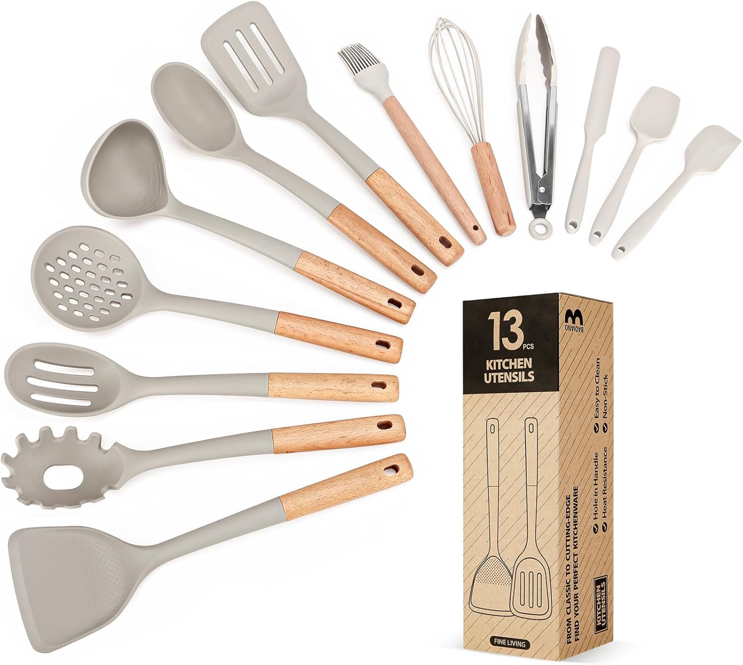 Kitchen Utensils Set, 13PCS Silicone Cooking Utensils, Heat Resistant Kitchen Utensil Spatula Set for Nonstick Cookware, Wooden Handles Kitchen Gadgets Tools Set