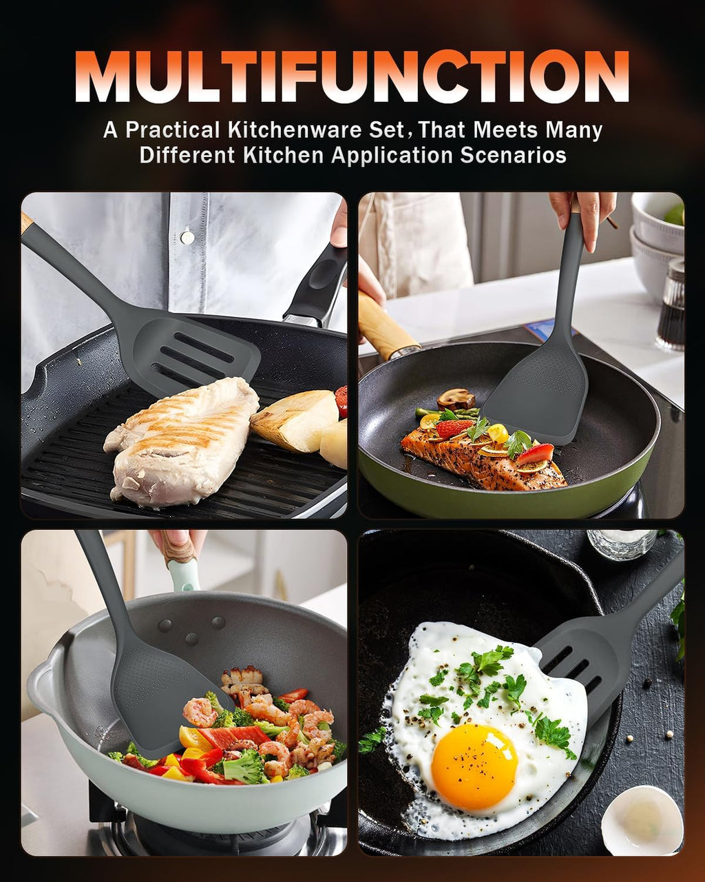 Silicone Wok Spatula Turner Set, Perfect for Scooping, Flipping, Lifting Pancakes and Picking up Veggies, BPA-Free Matte Silicone, Wooden Handles, Safe for Nonstick Cooking Surfaces (Grey)