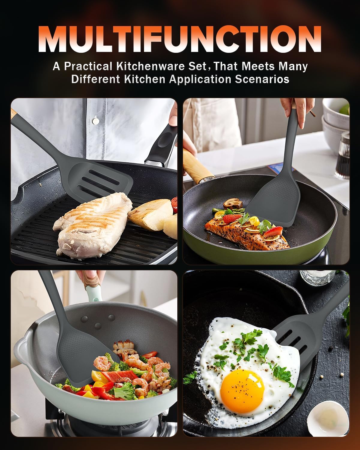 Silicone Wok Spatula Turner Set, Perfect for Scooping, Flipping, Lifting Pancakes and Picking up Veggies, BPA-Free Matte Silicone, Wooden Handles, Safe for Nonstick Cooking Surfaces (Grey)