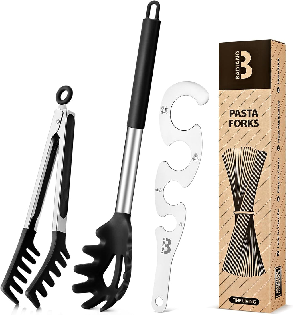 Silicone Spaghetti Spoon & Pasta Tong With Pasta Measurer, 3 Pack of Non-Stick Stainless Steel Handle Pasta Fork Set with Teeth, Food Clip for Easy Serving of Noodles