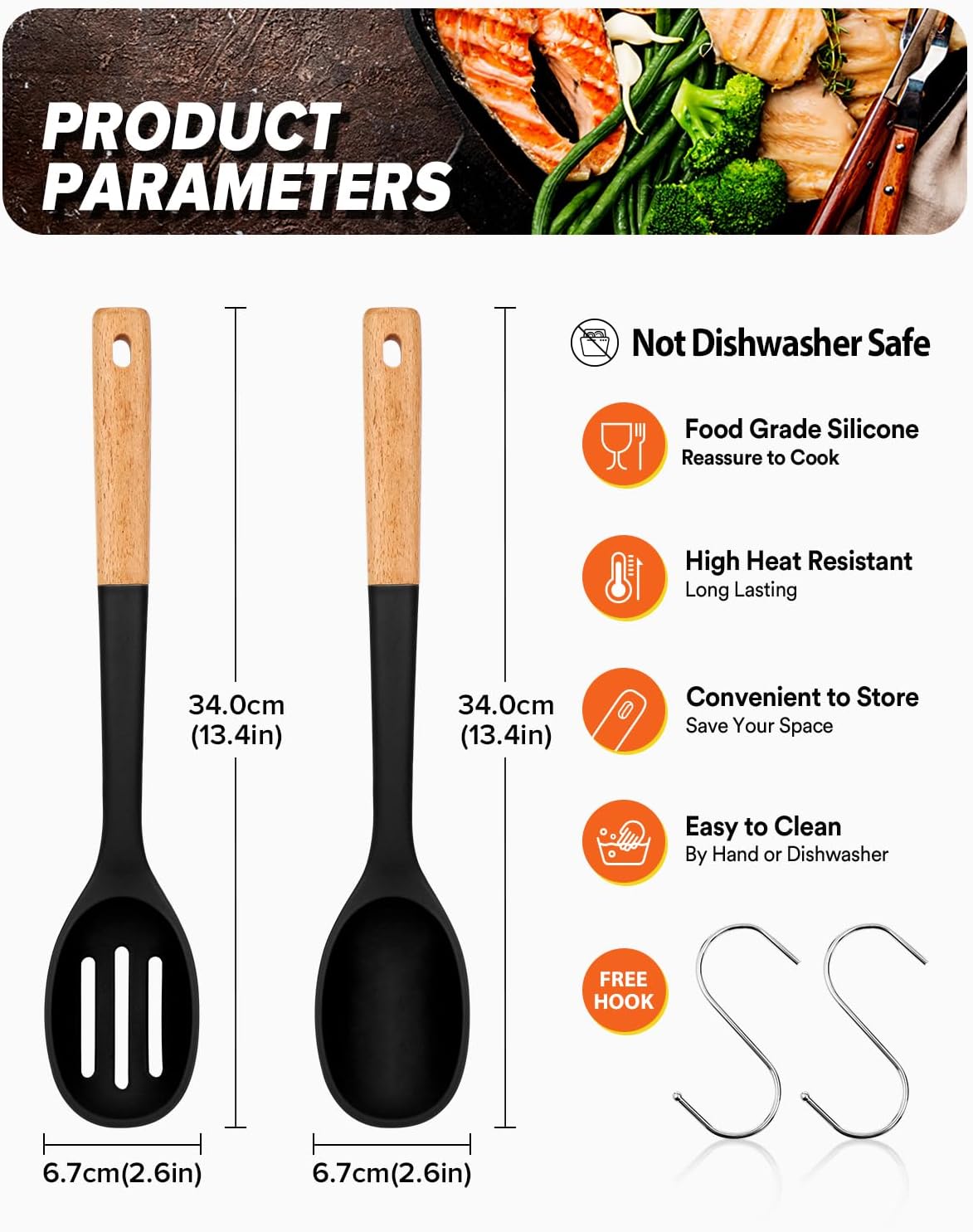 Silicone Cooking Spoons, Great for Scooping Sides and Serving Hearty Stews, BPA-Free Matte Silicone, Wooden Handle Serving Spoon for Nonstick Cooking Surfaces (Khaki)