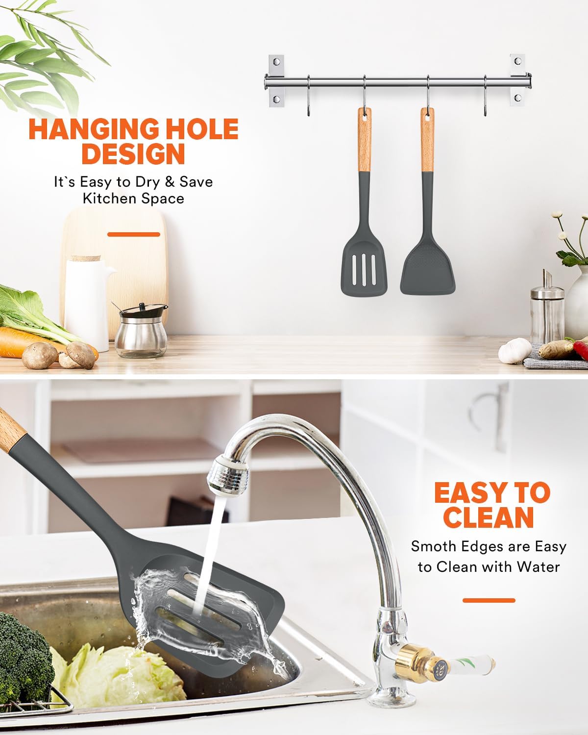 Silicone Wok Spatula Turner Set, Perfect for Scooping, Flipping, Lifting Pancakes and Picking up Veggies, BPA-Free Matte Silicone, Wooden Handles, Safe for Nonstick Cooking Surfaces (Grey)