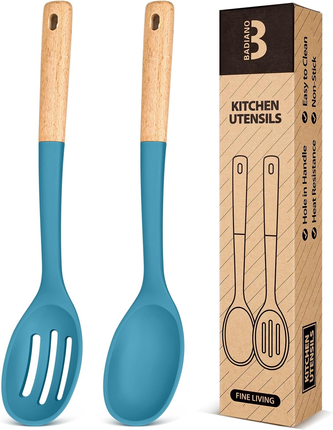 Silicone Cooking Spoons, Great for Scooping Sides and Serving Hearty Stews, BPA-Free Matte Silicone, Wooden Handle Serving Spoon for Nonstick Cooking Surfaces (Khaki)