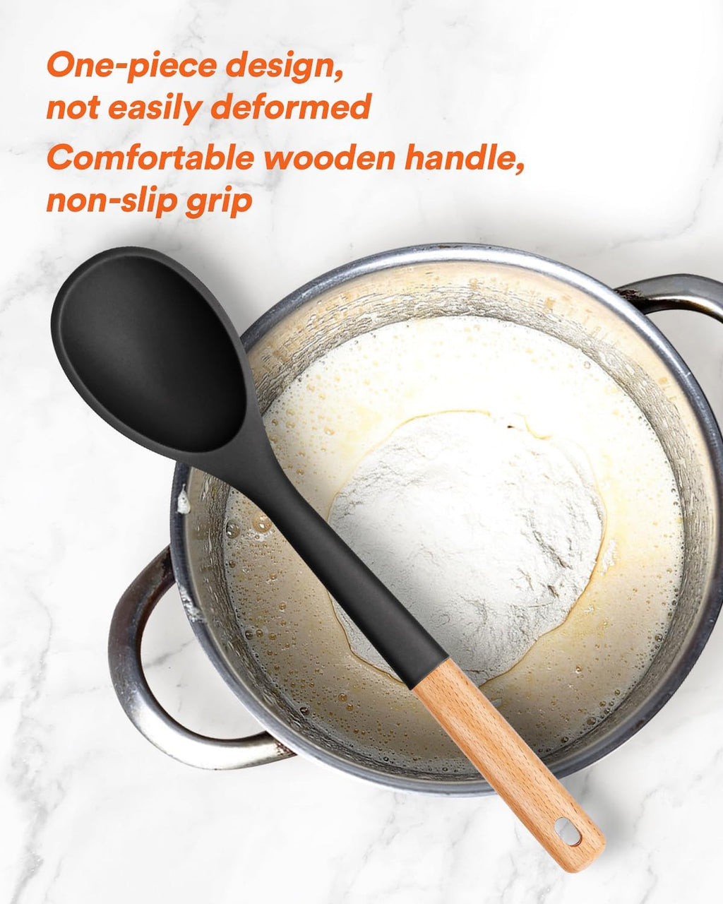 Large Silicone Cooking Spoons, Nonstick Solid Wooden Handle Spoon, Heat Resistan Silicone Kitchen Spoons for Cooking, Serving, Basting, Mixing, 13.2inch (Grey)