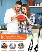 Silicone Spaghetti Spoon & Pasta Tong, Non-Stick Stainless Steel Handle Pasta Fork Set with Teeth, Food Clip for Easy Serving of Noodles (Khaki)