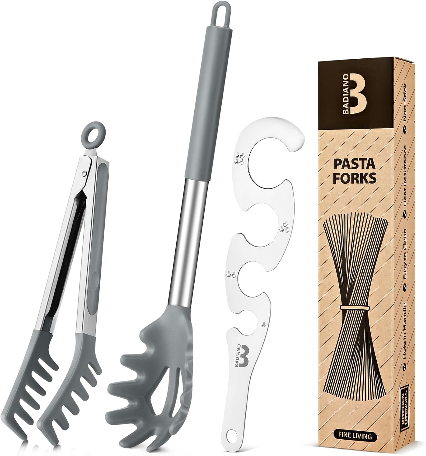 Silicone Spaghetti Spoon & Pasta Tong With Pasta Measurer, 3 Pack of Non-Stick Stainless Steel Handle Pasta Fork Set with Teeth, Food Clip for Easy Serving of Noodles (BLACK)