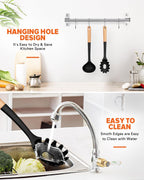 Pasta Fork and Ladle Set, Perfect for Serving Hot Soup, Stirring, and Sauce Pasta, BPA-Free Matte Silicone, Wood Handle Spaghetti Spoon for Nonstick Cooking Surfaces (Black)