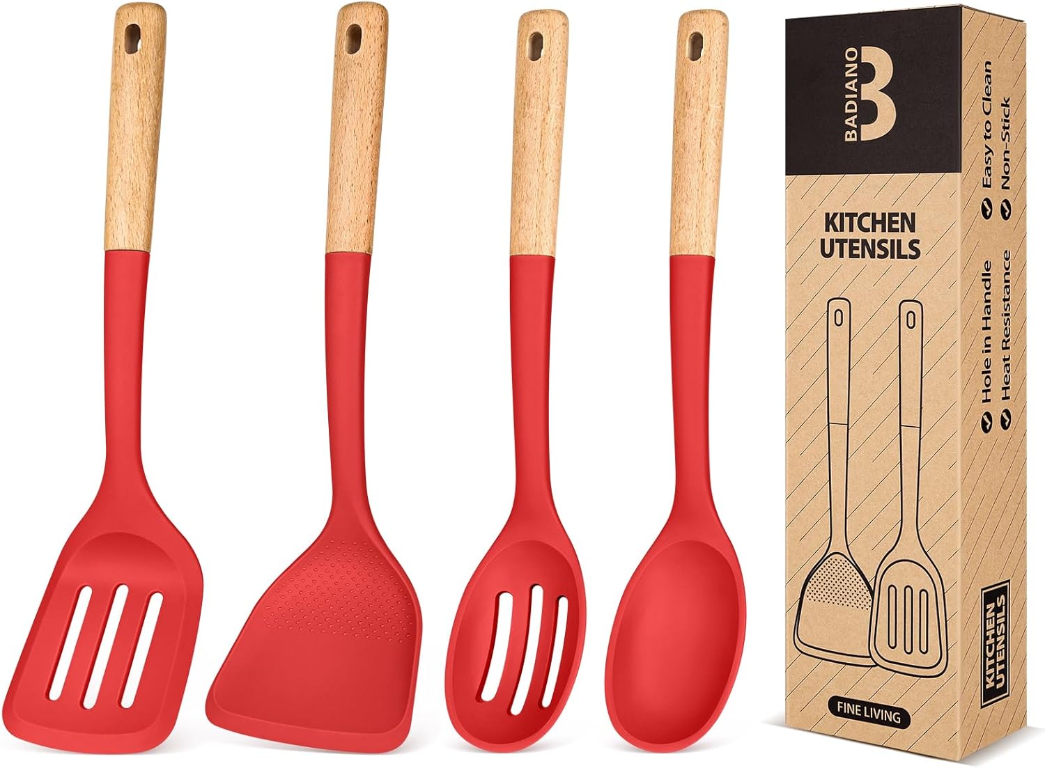 Silicone Cooking Utensils Set, Perfectly Angled for Frying, Mixing,Serving,Draining,Turning and Stirring, BPA-Free Matte Silicone, Wood Handles, Safe for Nonstick Cooking Surfaces,4 Pack (Khaki)