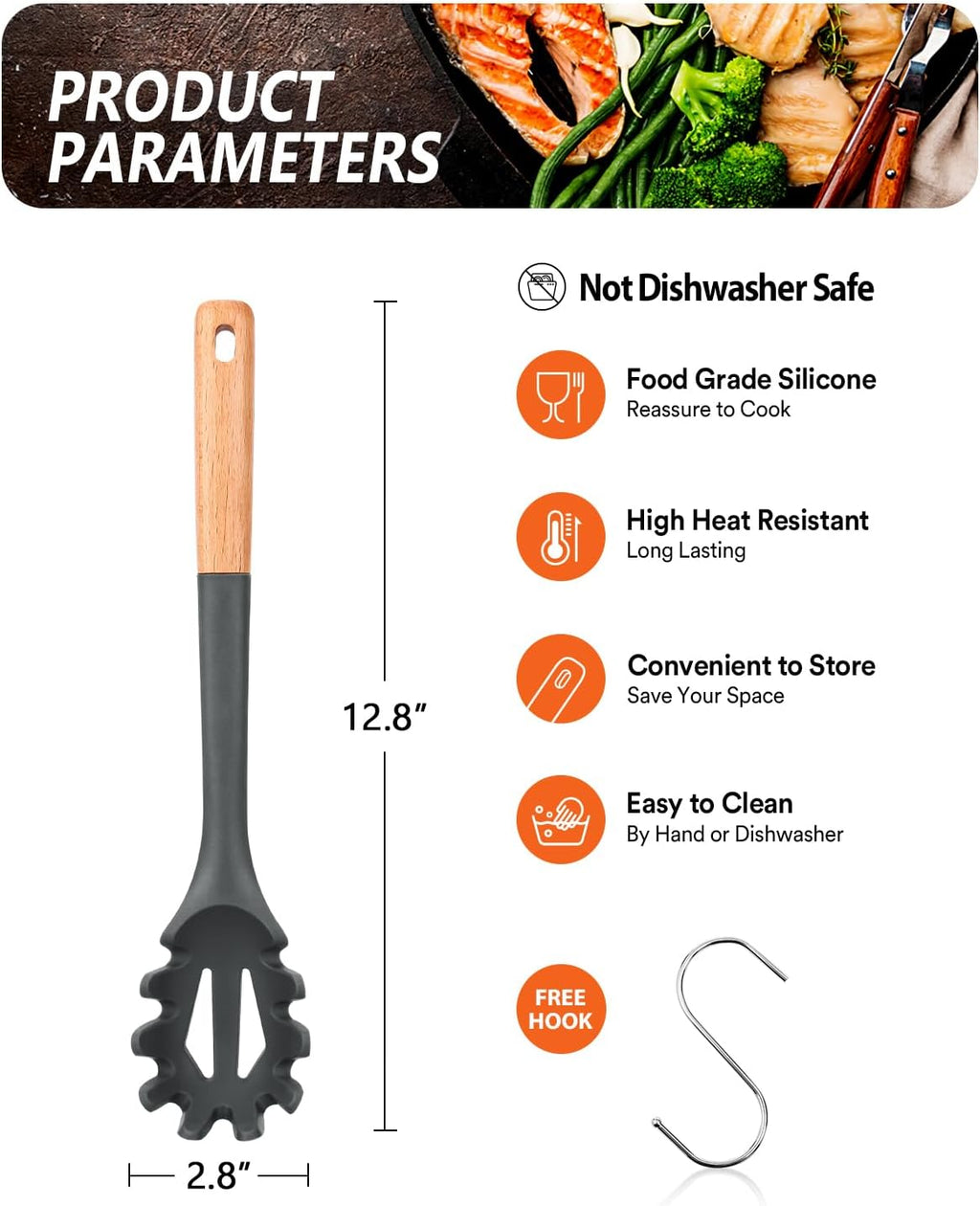 Silicone Pasta Fork, Kitchen Heat Resistant Noodle Spoon Server, BPA Free Spaghetti Strainer,12.8 inch (Khaki)