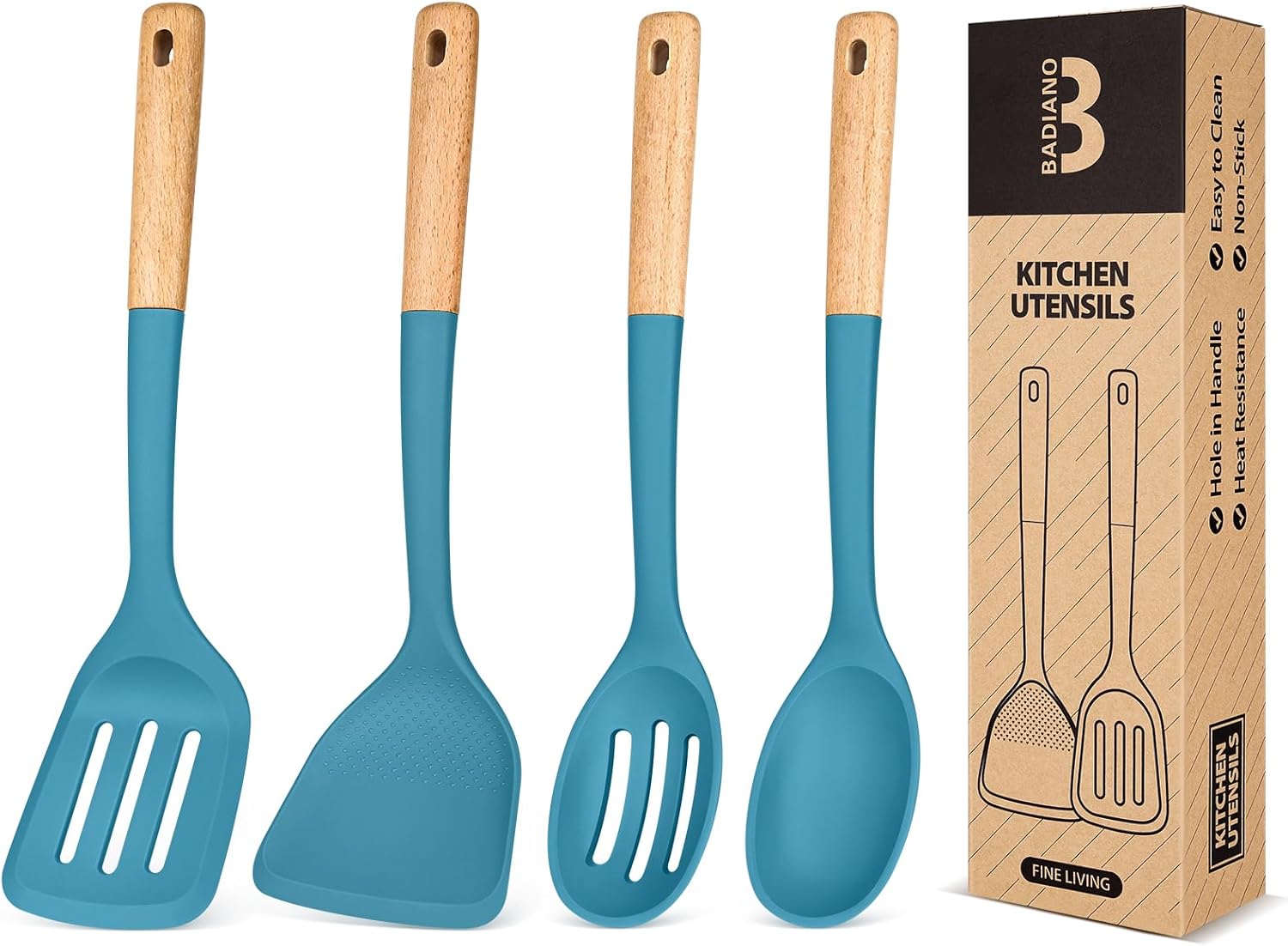 Silicone Cooking Utensils Set, Perfectly Angled for Frying, Mixing,Serving,Draining,Turning and Stirring, BPA-Free Matte Silicone, Wood Handles, Safe for Nonstick Cooking Surfaces,4 Pack (Khaki)