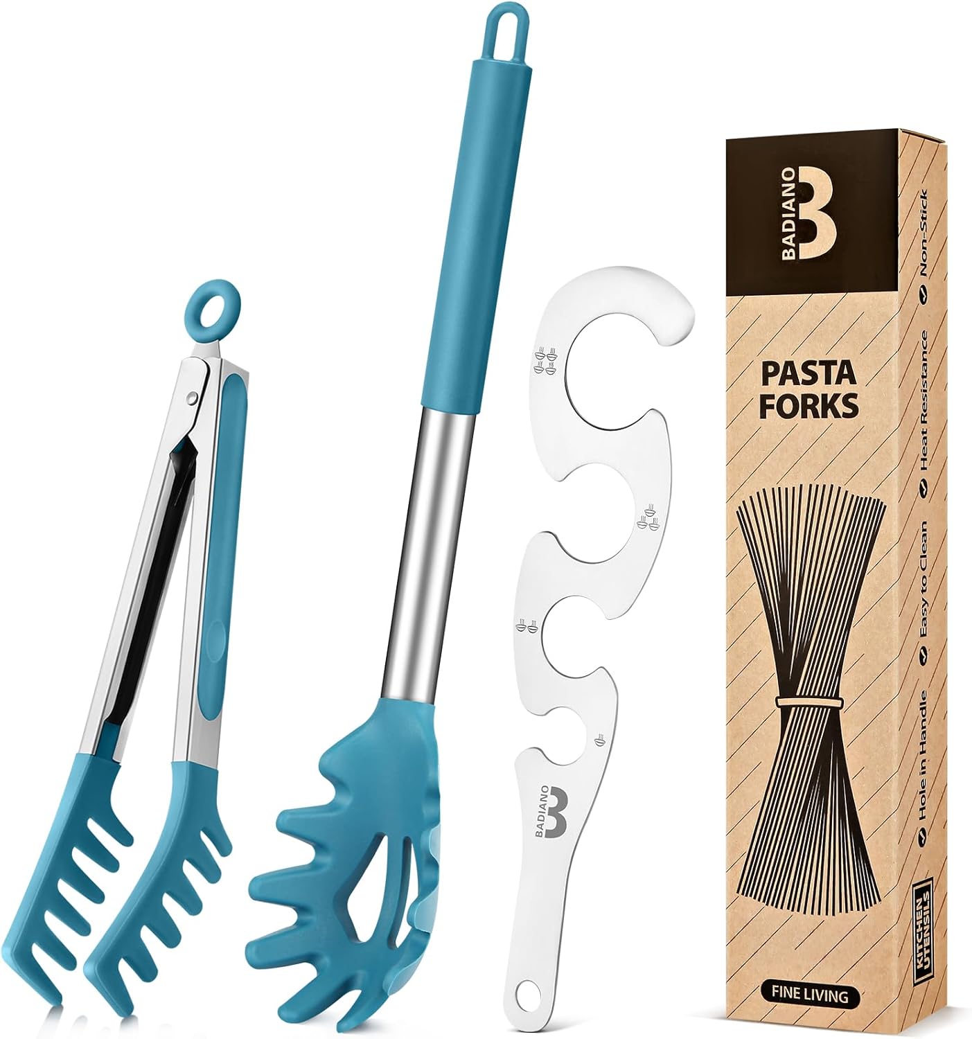 Silicone Spaghetti Spoon & Pasta Tong With Pasta Measurer, 3 Pack of Non-Stick Stainless Steel Handle Pasta Fork Set with Teeth, Food Clip for Easy Serving of Noodles (BLACK)