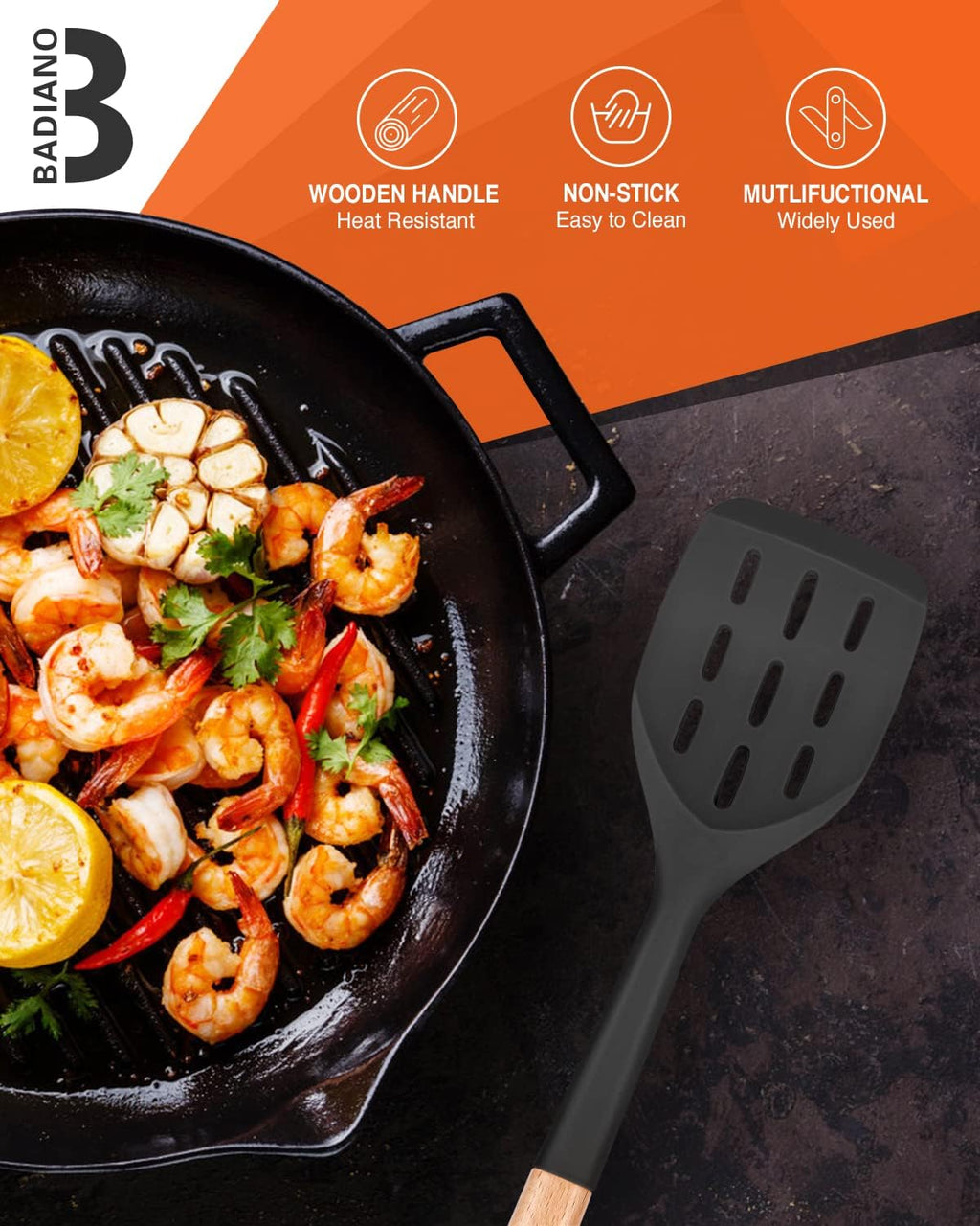 Pack of 2 Silicone Spatula, Non Stick Cooking Utensil Set Wooden Handle Kitchen Turner for Baking Mixing Grilling Serving Food Heat Resistant Non Scratch Hooks Included (Khaki)