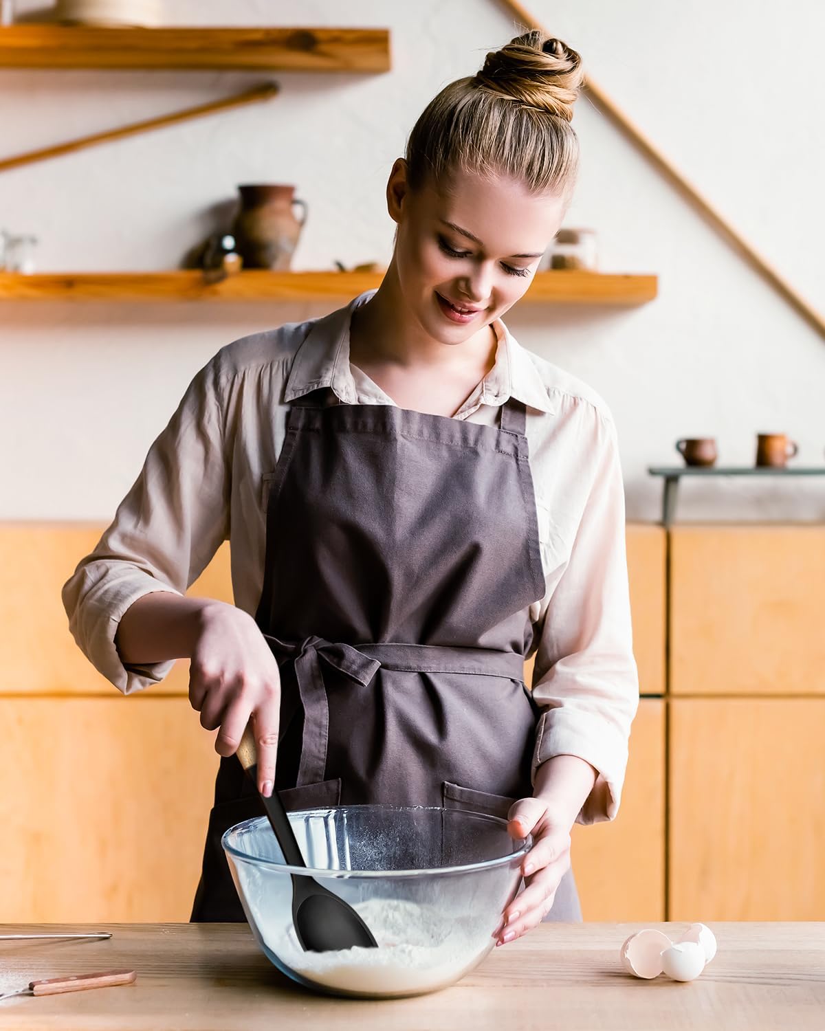 Silicone Cooking Spoons, Great for Scooping Sides and Serving Hearty Stews, BPA-Free Matte Silicone, Wooden Handle Serving Spoon for Nonstick Cooking Surfaces (Khaki)