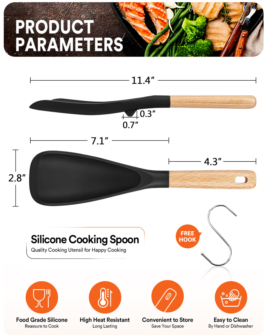 Cooking Spoon for Nonstick Cookwares, Great for Cooking and Serving Sturdy BPA-Free Matte Silicone, Wood Handle Spoon for Mixing, Scoop, and Scrape