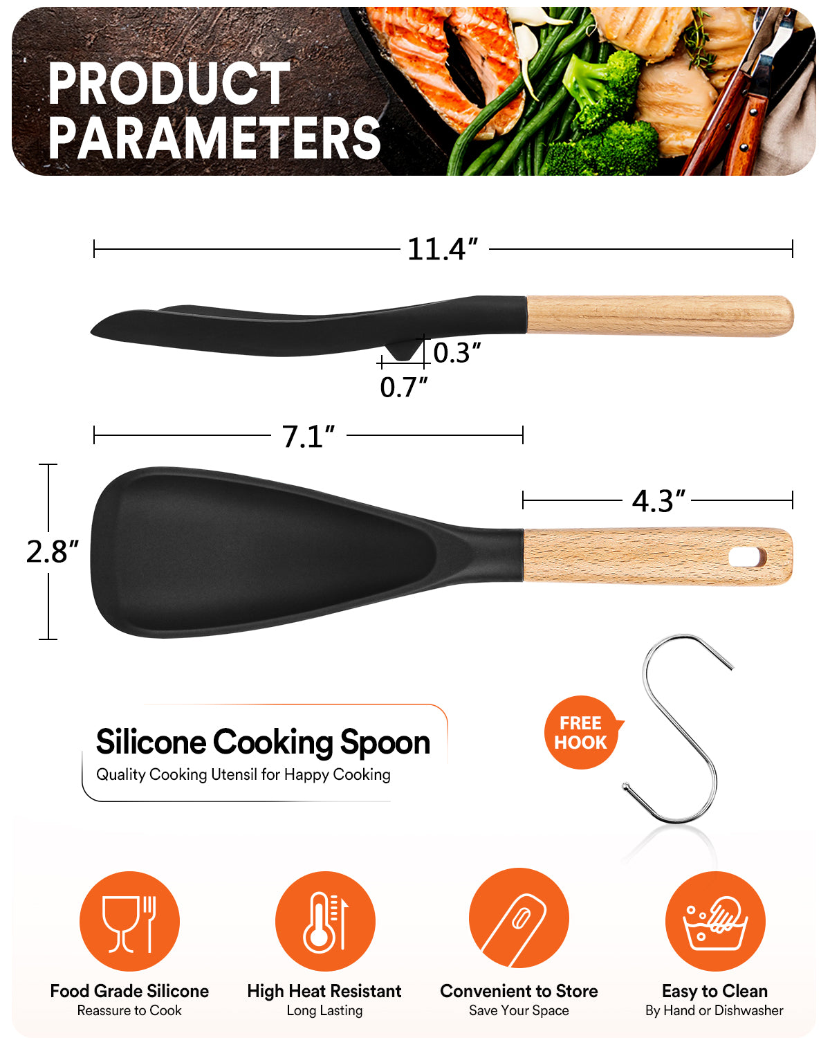 Cooking Spoon for Nonstick Cookwares, Great for Cooking and Serving Sturdy BPA-Free Matte Silicone, Wood Handle Spoon for Mixing, Scoop, and Scrape
