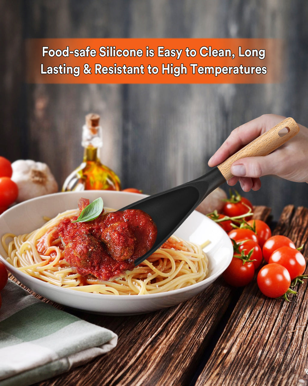 Cooking Spoon for Nonstick Cookwares, Great for Cooking and Serving Sturdy BPA-Free Matte Silicone, Wood Handle Spoon for Mixing, Scoop, and Scrape