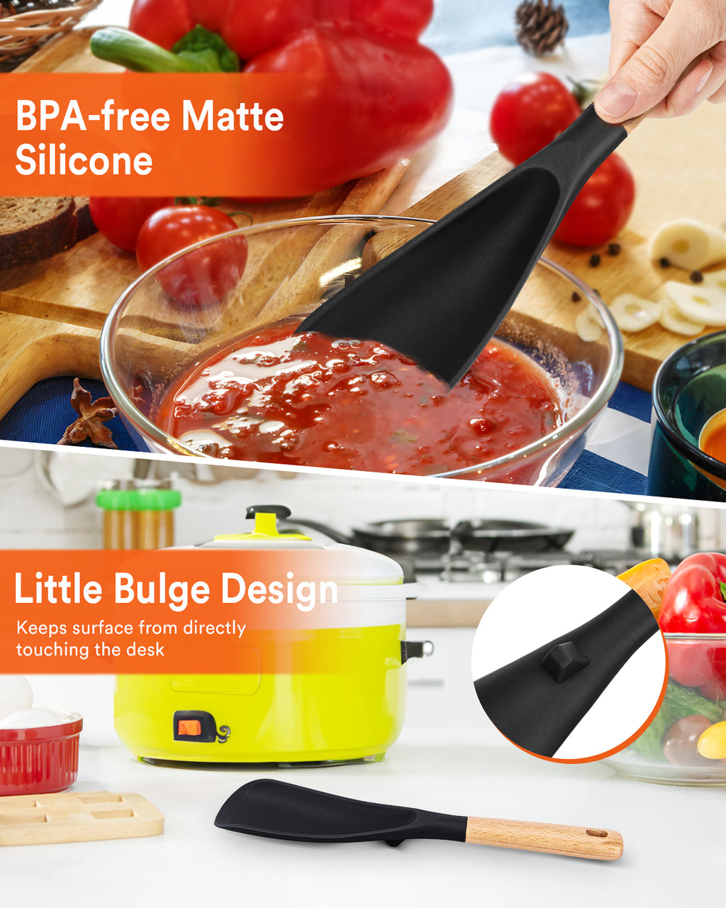Cooking Spoon for Nonstick Cookwares, Great for Cooking and Serving Sturdy BPA-Free Matte Silicone, Wood Handle Spoon for Mixing, Scoop, and Scrape