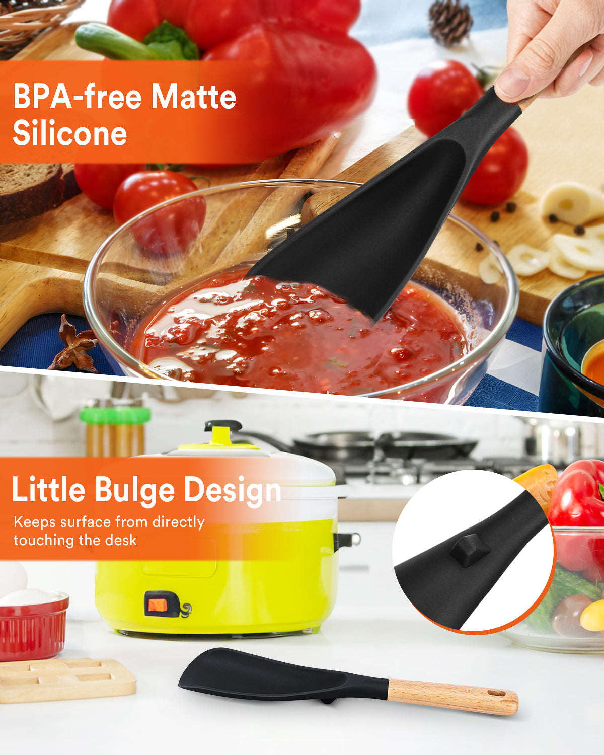 Cooking Spoon for Nonstick Cookwares, Great for Cooking and Serving Sturdy BPA-Free Matte Silicone, Wood Handle Spoon for Mixing, Scoop, and Scrape
