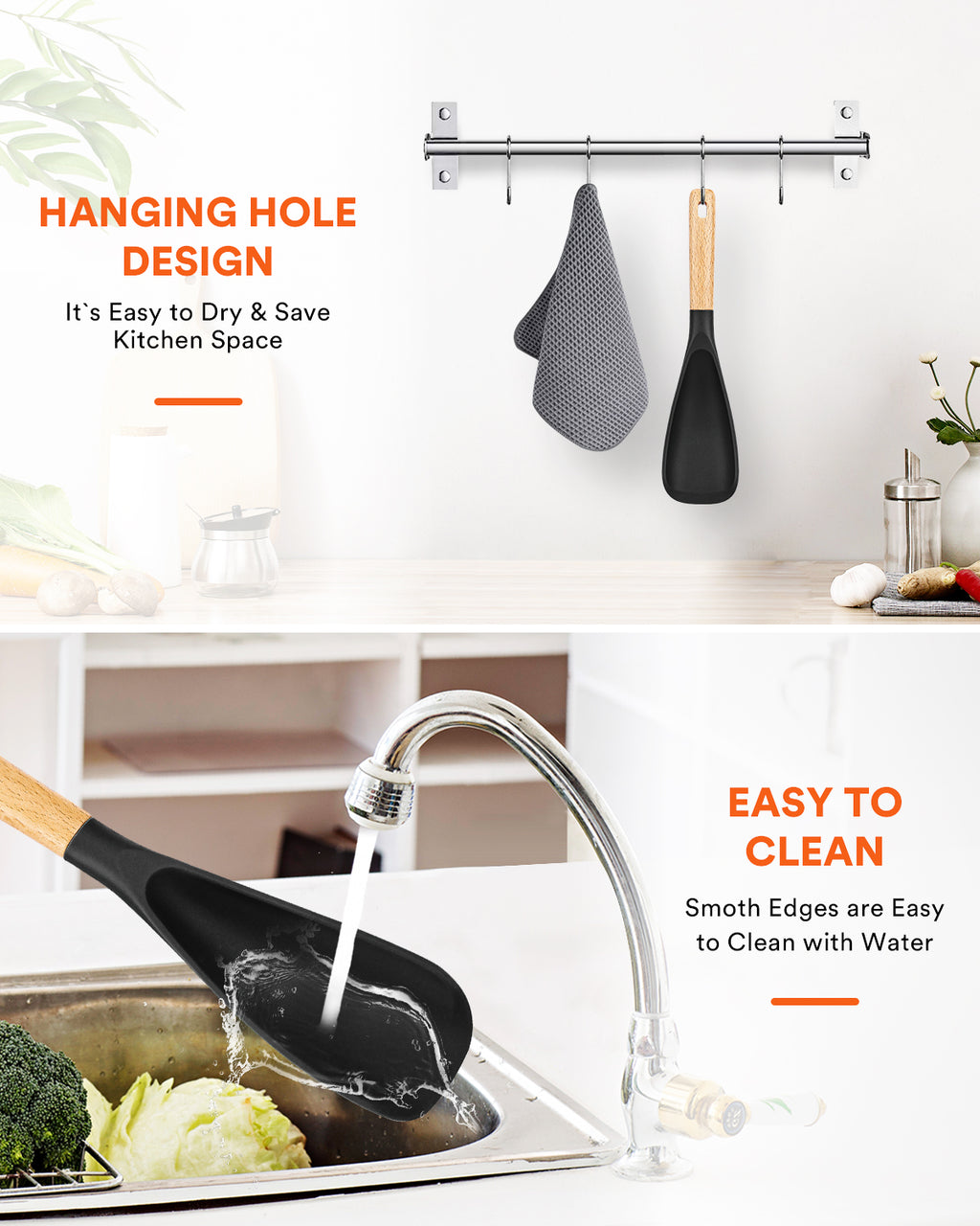 Cooking Spoon for Nonstick Cookwares, Great for Cooking and Serving Sturdy BPA-Free Matte Silicone, Wood Handle Spoon for Mixing, Scoop, and Scrape