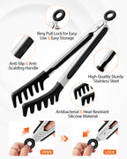Silicone Spaghetti Spoon & Pasta Tong With Pasta Measurer, 3 Pack of Non-Stick Stainless Steel Handle Pasta Fork Set with Teeth, Food Clip for Easy Serving of Noodles