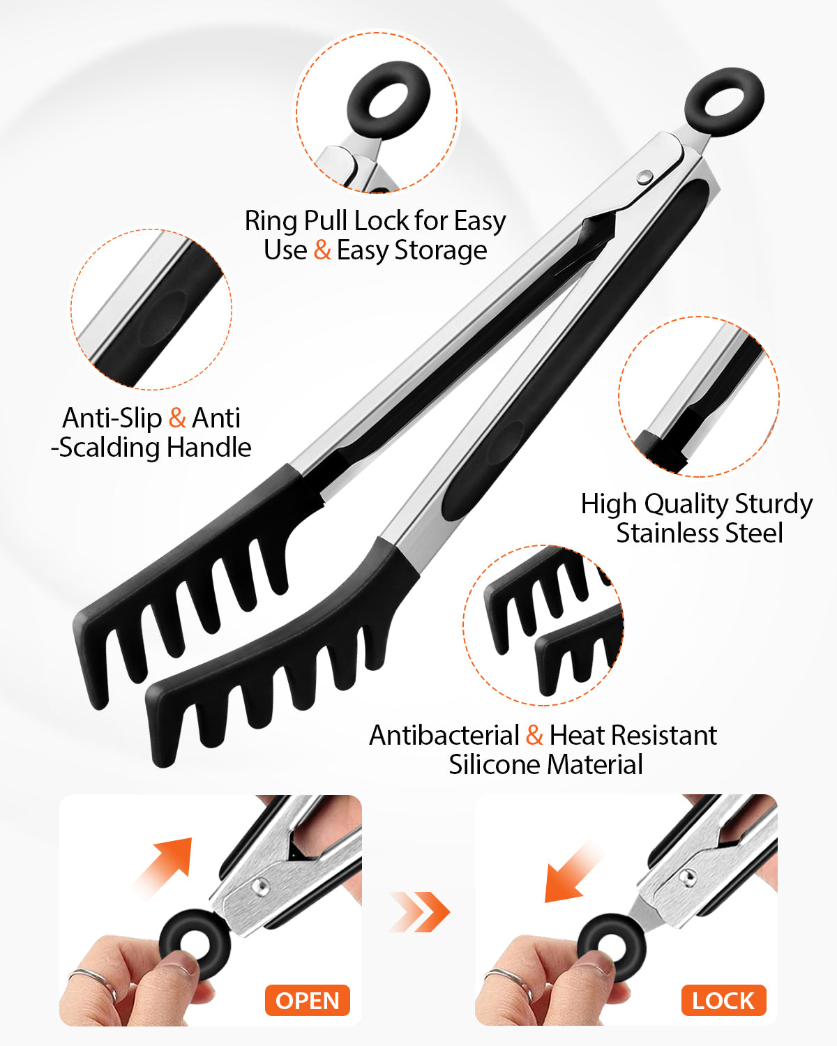 Silicone Spaghetti Spoon & Pasta Tong With Pasta Measurer, 3 Pack of Non-Stick Stainless Steel Handle Pasta Fork Set with Teeth, Food Clip for Easy Serving of Noodles