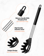 Silicone Spaghetti Spoon & Pasta Tong With Pasta Measurer, 3 Pack of Non-Stick Stainless Steel Handle Pasta Fork Set with Teeth, Food Clip for Easy Serving of Noodles