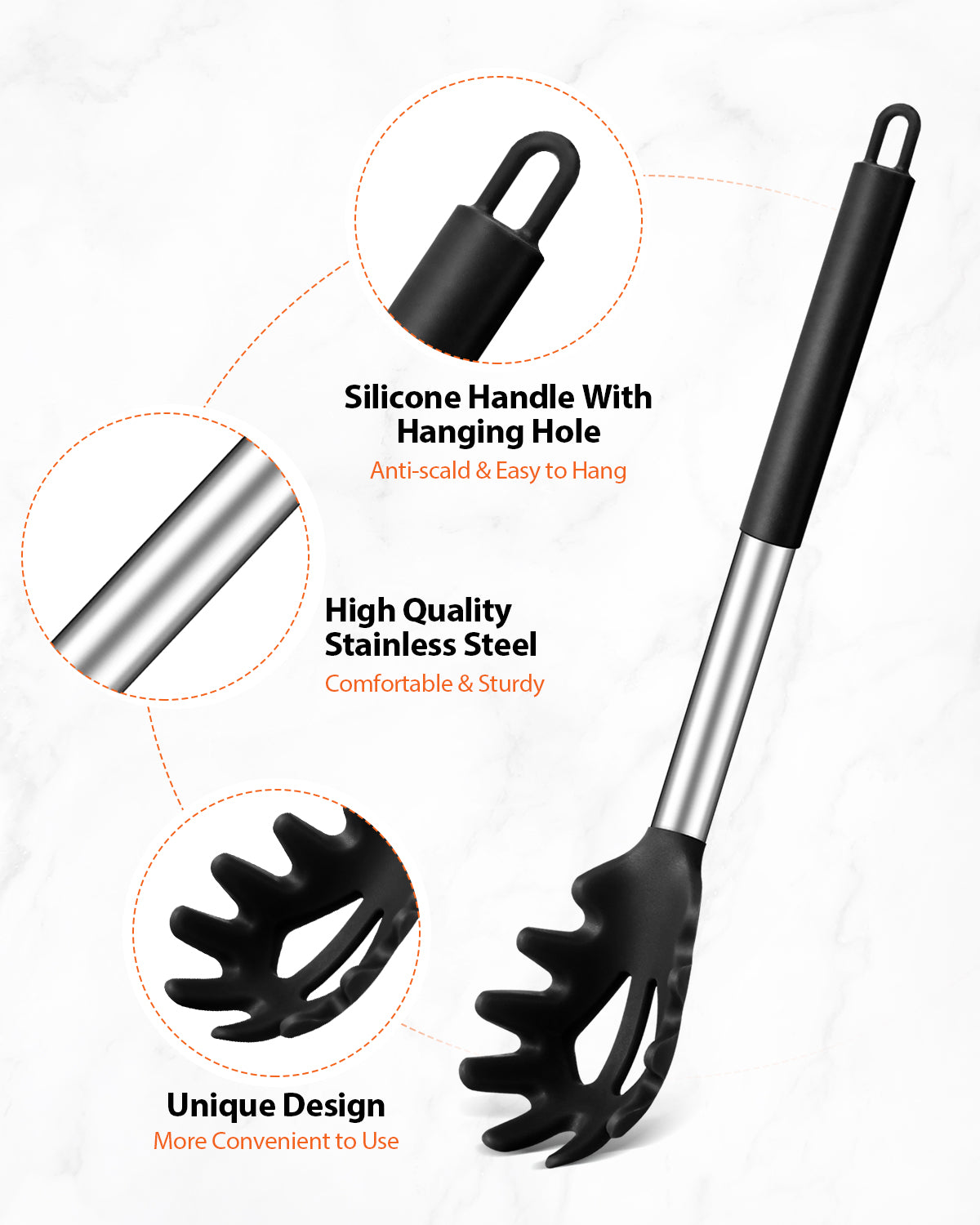 Silicone Spaghetti Spoon & Pasta Tong With Pasta Measurer, 3 Pack of Non-Stick Stainless Steel Handle Pasta Fork Set with Teeth, Food Clip for Easy Serving of Noodles
