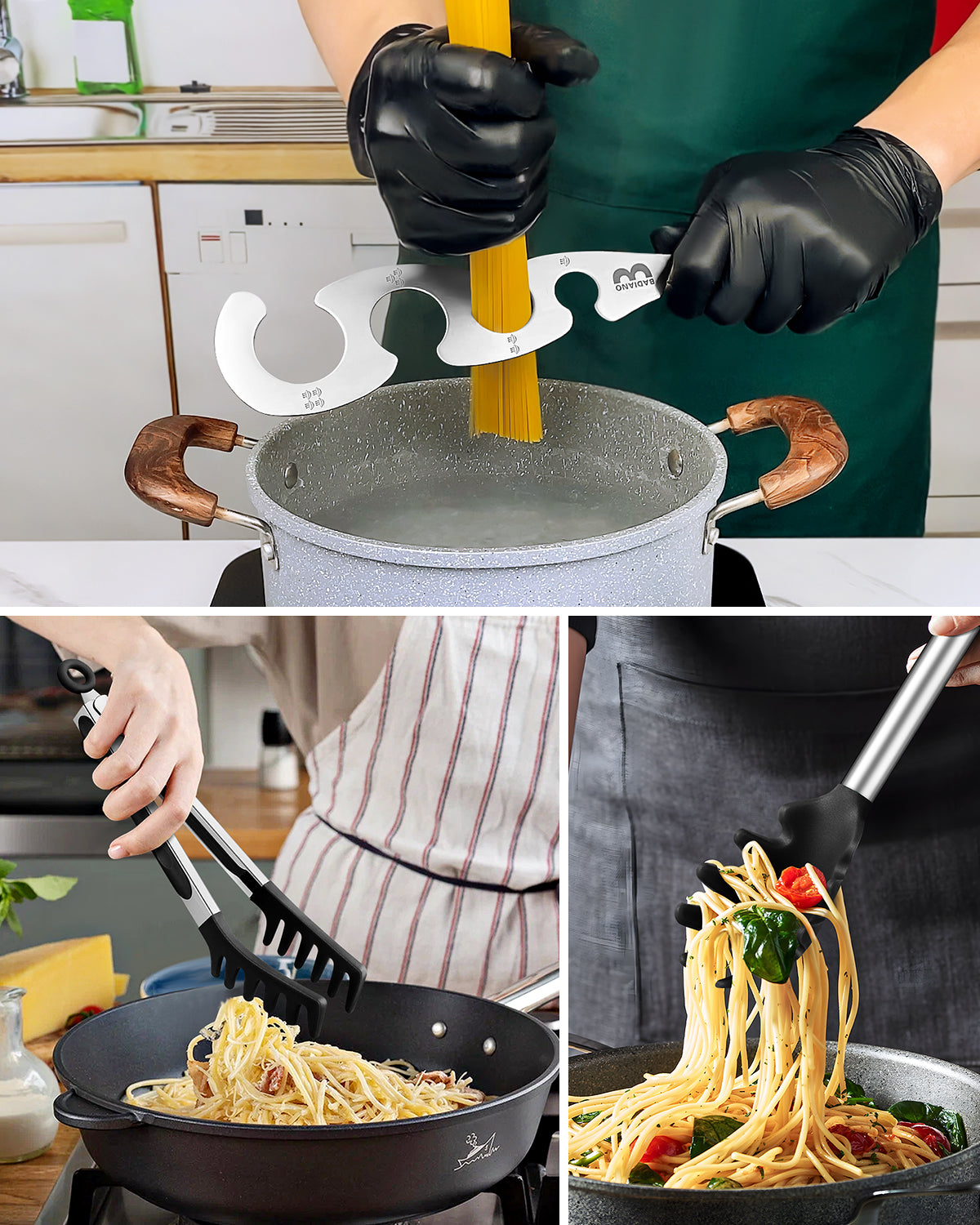 Silicone Spaghetti Spoon & Pasta Tong With Pasta Measurer, 3 Pack of Non-Stick Stainless Steel Handle Pasta Fork Set with Teeth, Food Clip for Easy Serving of Noodles